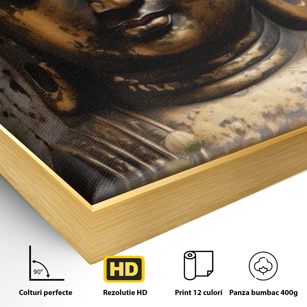 Detaliu al suprafetei: tablou canvas cu capul lui buddha, in rama de aluminiu auriu